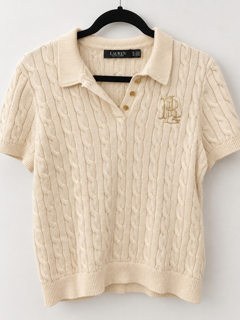Lauren Ralph Lauren Cream Cable-Knit Polo with Embroidered Monogram